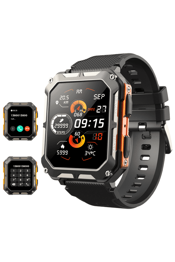 Military Smart Watches for Men, 1.83" HD Touch Screen Outdoor Sport Watch with Bluetooth Call(Answer/Make Call), IP68 Waterproof,for Android and iPhone Compatible, Orange