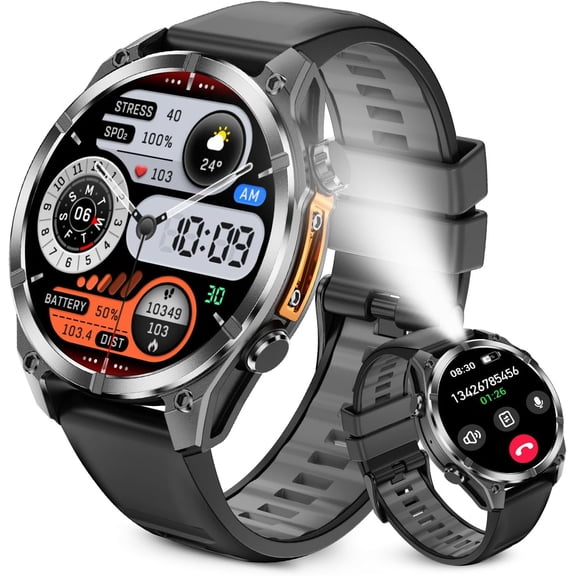 Military Smart Watches for Men (Answer/Make Calls), 1.43" AMOLED Fitness Watch with Compass, Flashlight, 24/7 Heart Rate, SpO2 Monitor, Sleep Tracker, 100+ Sport Modes, Smart Watches for Android iOS