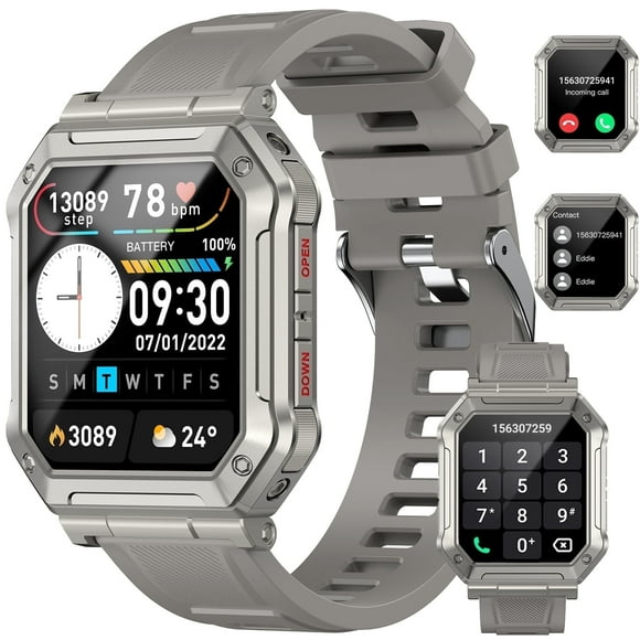 Military Smart Watches for Men, TIGRADE 1.91" Outdoor Sports Rugged Smartwatch with Answer/Make Call, Fitness Activity Tracker for Android and iPhone Compatible, Gray