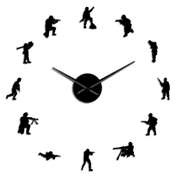 Military Soldiers Silhouette DIY Wall Clock Army Hero Frameless Big Time Clock With Mirror Effect Stickers Patriotic Theme(Black,27inch)