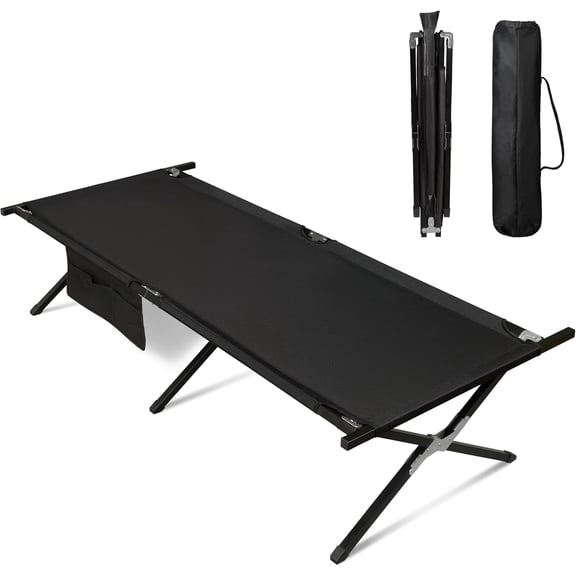 Military-Style Camping Cot for Adults, Portable Foldable Bed with Carry Bag and Side Pocket, 300 lb Capacity, Black