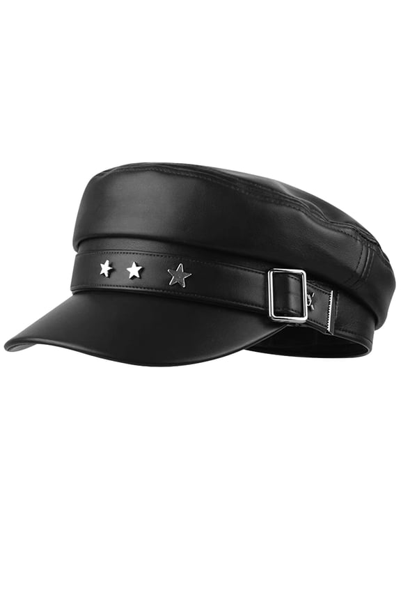 Military Style Newsboy Cap with Star Studs, PU Leather Hat, Adjustable Fashion Cadet Cap with Buckle Strap, Black Flat Cap for Women