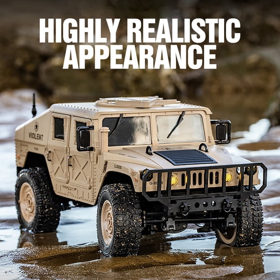 Military Style RC Truck 4WD Off-Road Remote Control Car with LED Lights, Openable Doors & Dual Batteries