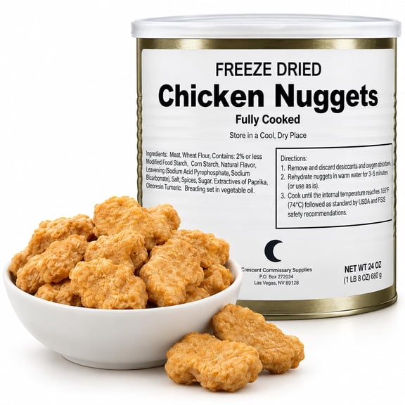 Military Surplus Freeze-Dried Chicken Nuggets, Fully Cooked Ready-to-Eat Chicken, 24 oz #10 Can, 8090 Nuggets, Up to 25+ Year Shelf Life