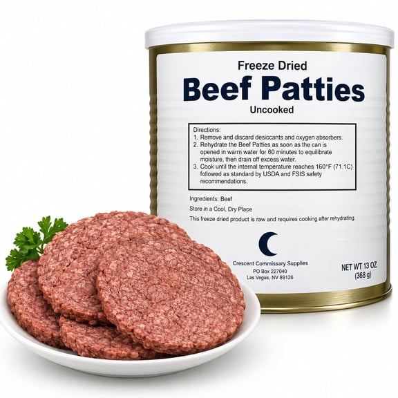 Military Surplus Freeze Dried Hamburger Ground Beef Patties Camping Emergency Food, 15-16 Thick Patties in a Can / #10 Can/25 Years Shelf Life -1 Can