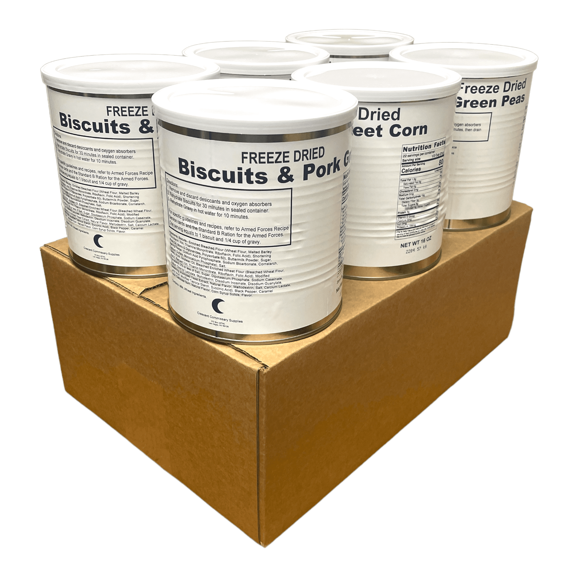 Military Surplus Freeze Dried Holiday Variety Long Term Food Storage and Emergency Preparedness Kits |Survival & Emergency Food | 6 Cans Per Case (2 Cans Biscuits and Gravy, 2 Cans Corn, 2 Cans Peas)