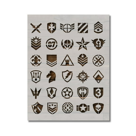 Military Symbols Patches Ranks Stencil Template Reusable 8.5 x 11 for Painting on Walls, Wood, Etc. By Stencilville