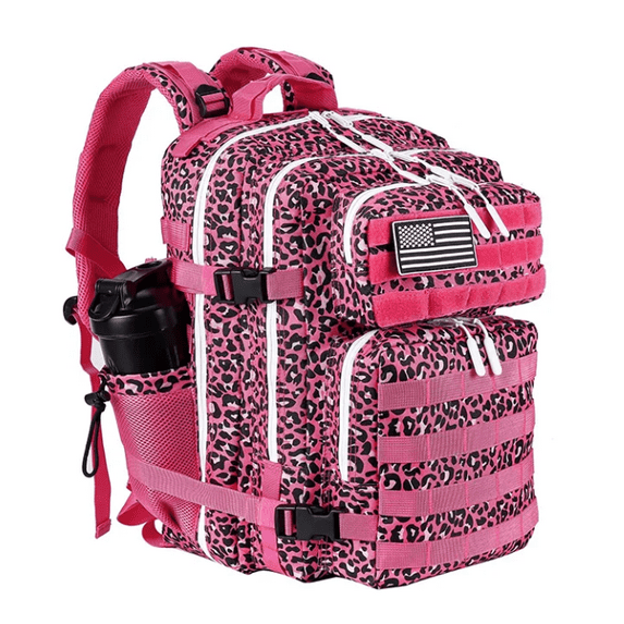 Military Tactical Gym Backpack W/Cup Holders Rosy Leopard - Shaker Bottle NOT INCLUDED