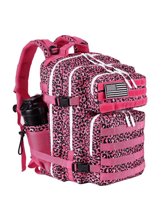 Military Tactical Gym Backpack W/Cup Holders Rosy Leopard - Shaker Bottle NOT INCLUDED