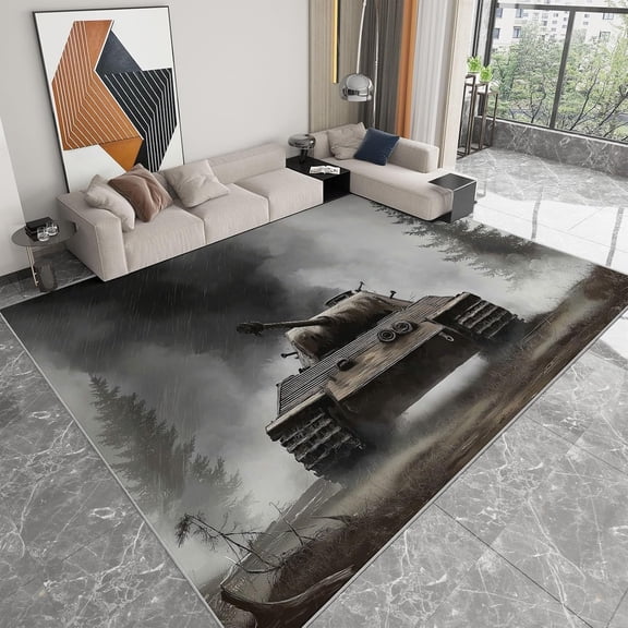 Military Tank Area Rugs, Gray Forest Camouflage Carpet, Washable Non Slip Low Pile Soft Rug for Living Room Bedroom Home Office Decor Mat 5x8ft