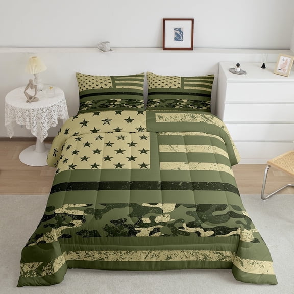 Military Theme Bedding American Flag Comforter Set Teenagers, Camouflage Stars and Stripes Design Bedding Comforter Sets Army Camo Vintage Theme Duvet Insert Full 3Pcs Gift