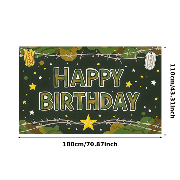 Military Themed Happy Birthday Banner with Camouflage Pattern Barbed Wire Dog Tags and Star Elements Party Decoration Photography Prop Backdrop for Birthday Party Celebration Event Decor