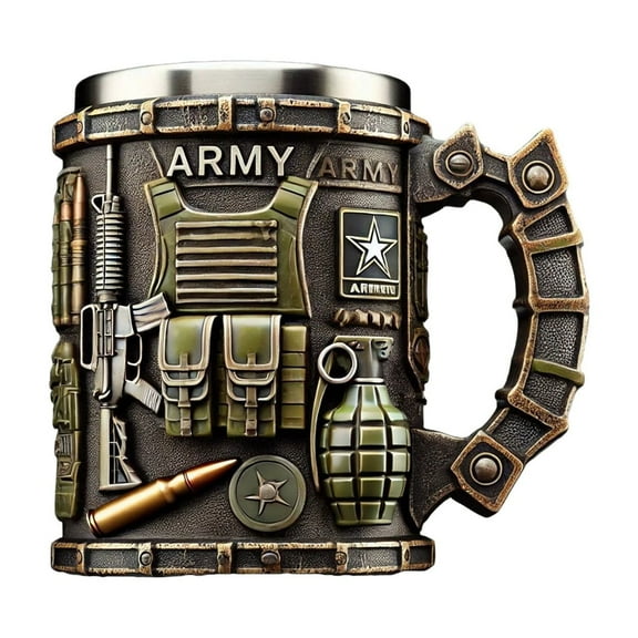 Military-Themed Stainless Steel Coffee Mug with 3D Army Design, 16oz Insulated Tankard for Hot and Cold Beverages