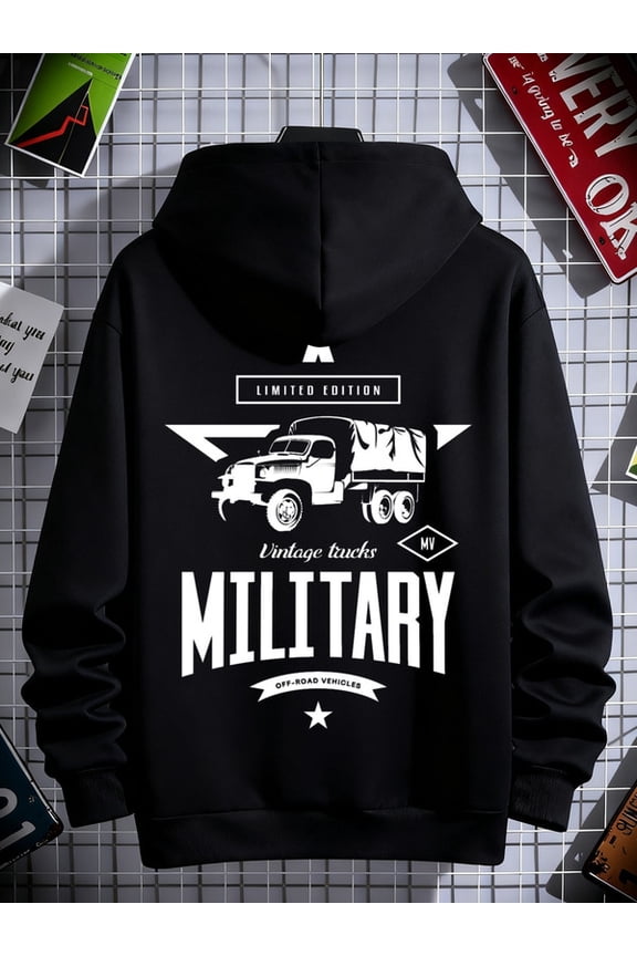 Military Truck Hoodie hoodies & sweatshirt Veteran men's polyester black Comfortable Material,Bold Design aesthetic halloween high quality funny army for dad Vintage Unisex hoodie