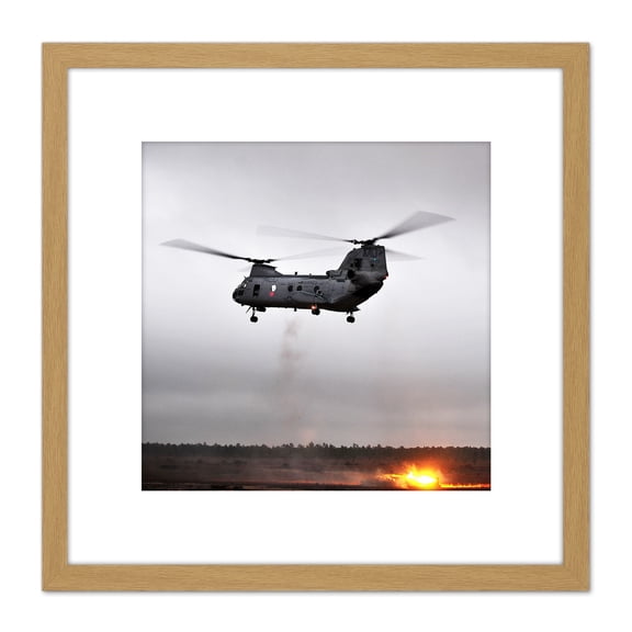 Military USA Marine Corps CH-46 Sea Knight Helicopter Photo 8X8 Inch Square Wooden Framed Wall Art Print Picture with Mount