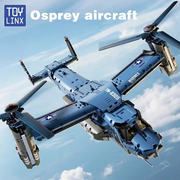 Military V-22 Osprey Tiltrotor Building Blocks Set Large Size High-Fidelity Sliding Roller Aircraft Model Propellers Bricks Toy