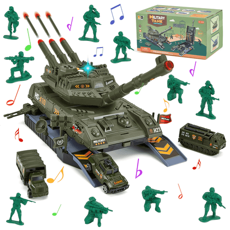 Tank Toy Set for Kids, Army Tank Toy with Realistic Light & Sound, 3PCS Army Vehicles, 10 Army Men, Rotating Turret and Missile, Gift for Kids Ages 3-12