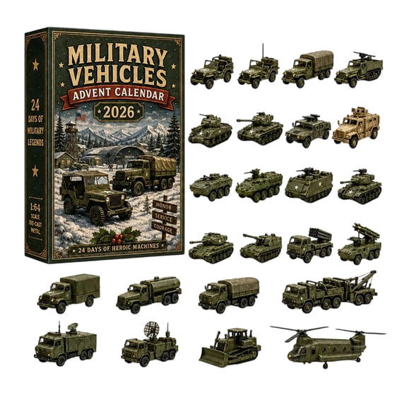 Military Vehicles Advent Calendar 2026, 24 Die-Cast Army Models 1:64 Scale 24 Days Christmas Countdown Gift for Kids Boys