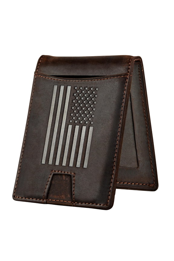 American Flag Wallet - Genuine Brown Crazy Horse Leather RFID-Blocking Bi-Fold Card Holder with Money Clip - Disabled USMC Vet Owned SMALL Business Y101