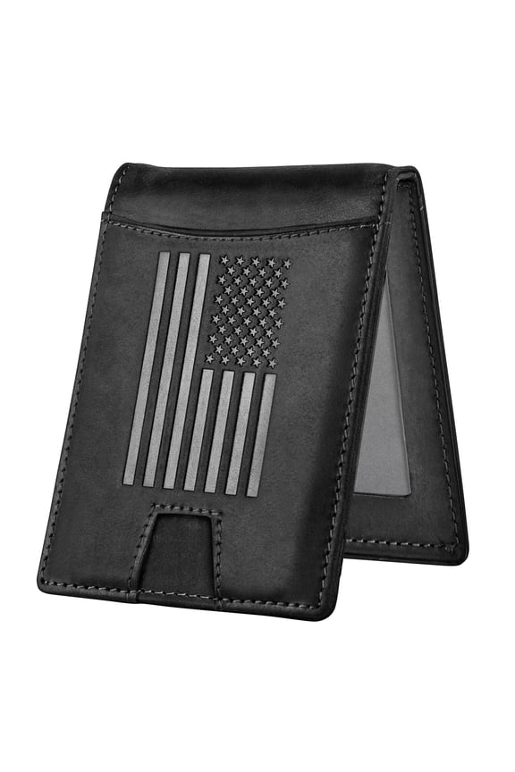 - Black Crazy Horse Leather Bi-Fold Card Holder with Money Clip Black American Flag Wallet A101