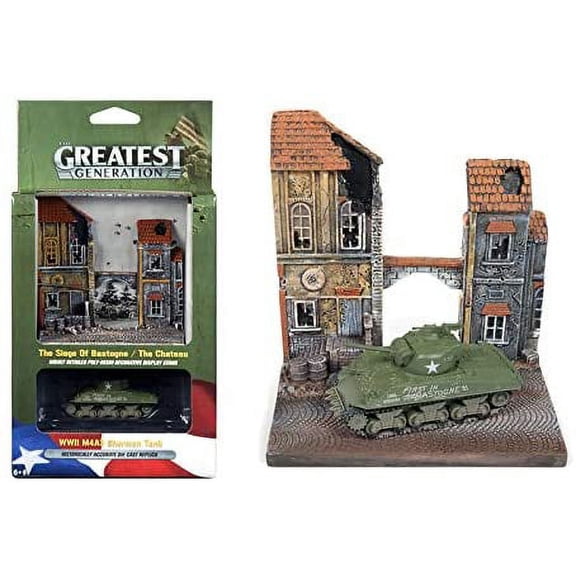 Military WWII M4A3 Sherman Tank with The Chateau" Resin Display Diorama "The Greatest Generation" Series 1/100 Diecast Model by Johnny Lightning"