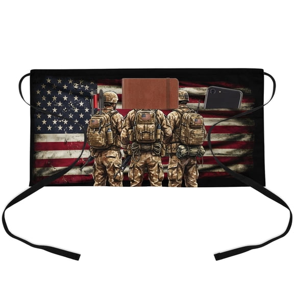 Military Waitress Apron with 3 Pockets, America Flag Camo Green Patriotic Memorial Day Server Aprons Waterproof Kitchen Restaurant Half Waist Apron for Men Women