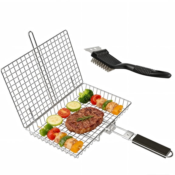 Fish Grilling Basket + Cleaning Brush Set, Folding Portable 304 Stainless Steel BBQ Grill Basket for Fish Vegetables Shrimp with Removable Handle