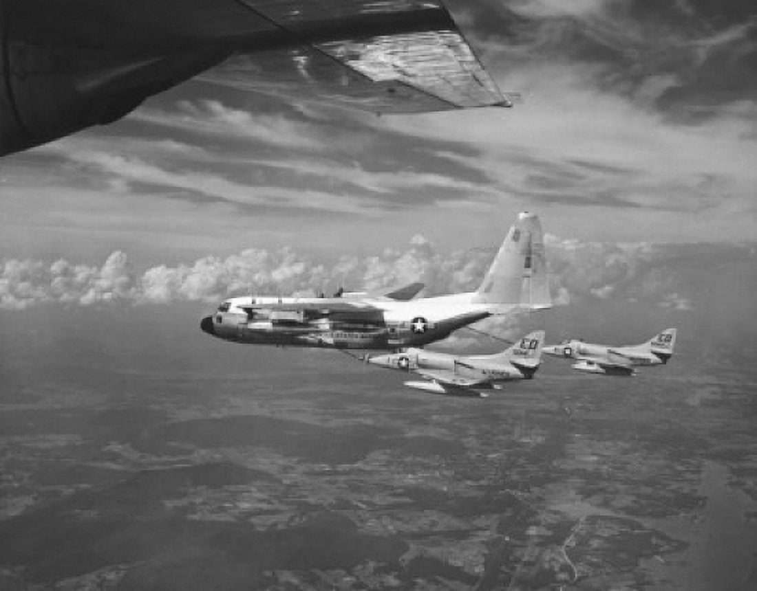 Military tanker airplane refueling a fighter plane in flight 67T Lockheed GV-1 Hercules Refuel Tanker US Marine Corps Canvas Art - (18 x 24)