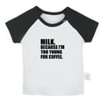 thumbnail image 1 of Milk Because I'm Too Young For Coffee Funny T shirt For Baby, Newborn Babies T-shirts, Infant Tops, 0-24M Kids Graphic Tees Clothing (Short Black Raglan T-shirt, 6-12 Months), 1 of 4