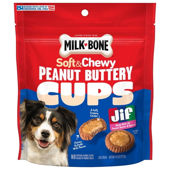 Milk Bone Peanut Buttery Cups, Filled Soft Dog Treats With Jif Peanut Butter & Real Bacon, 4.5 oz Bags