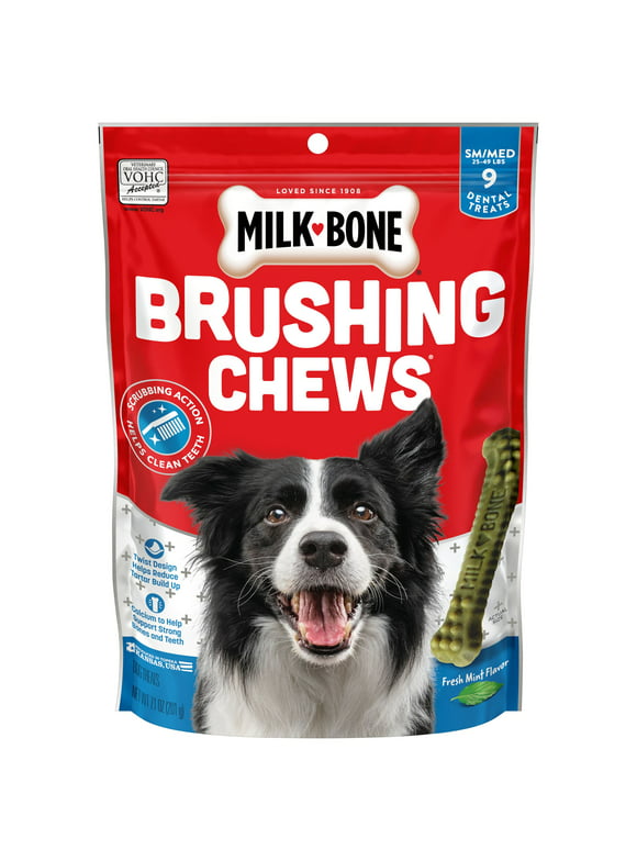 Milk-Bone Brushing Chews Daily Dental Dog Treats, Fresh Breath, Small/Medium, 7.1 oz. Bag, 9 Bones per Bag