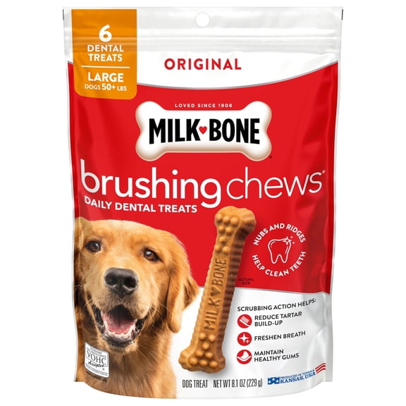 Milk Bone Brushing Chews Original Chicken Flavor Daily Dental Dog Treats, Large, 8.1 oz Bag