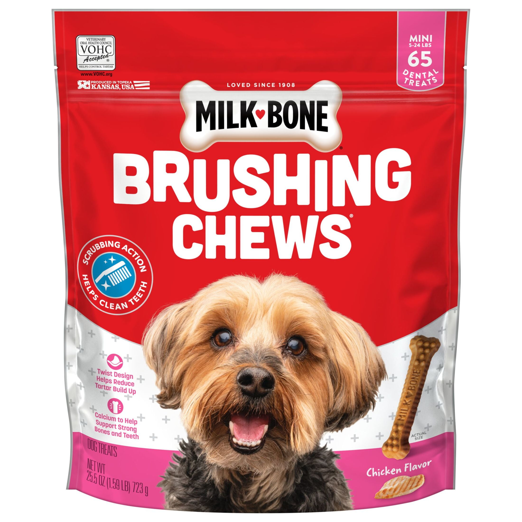Milk Bone Brushing Chews Daily Dental Dog Treats, Mini, 25.5 oz Bag, 65 Bones Per Bag