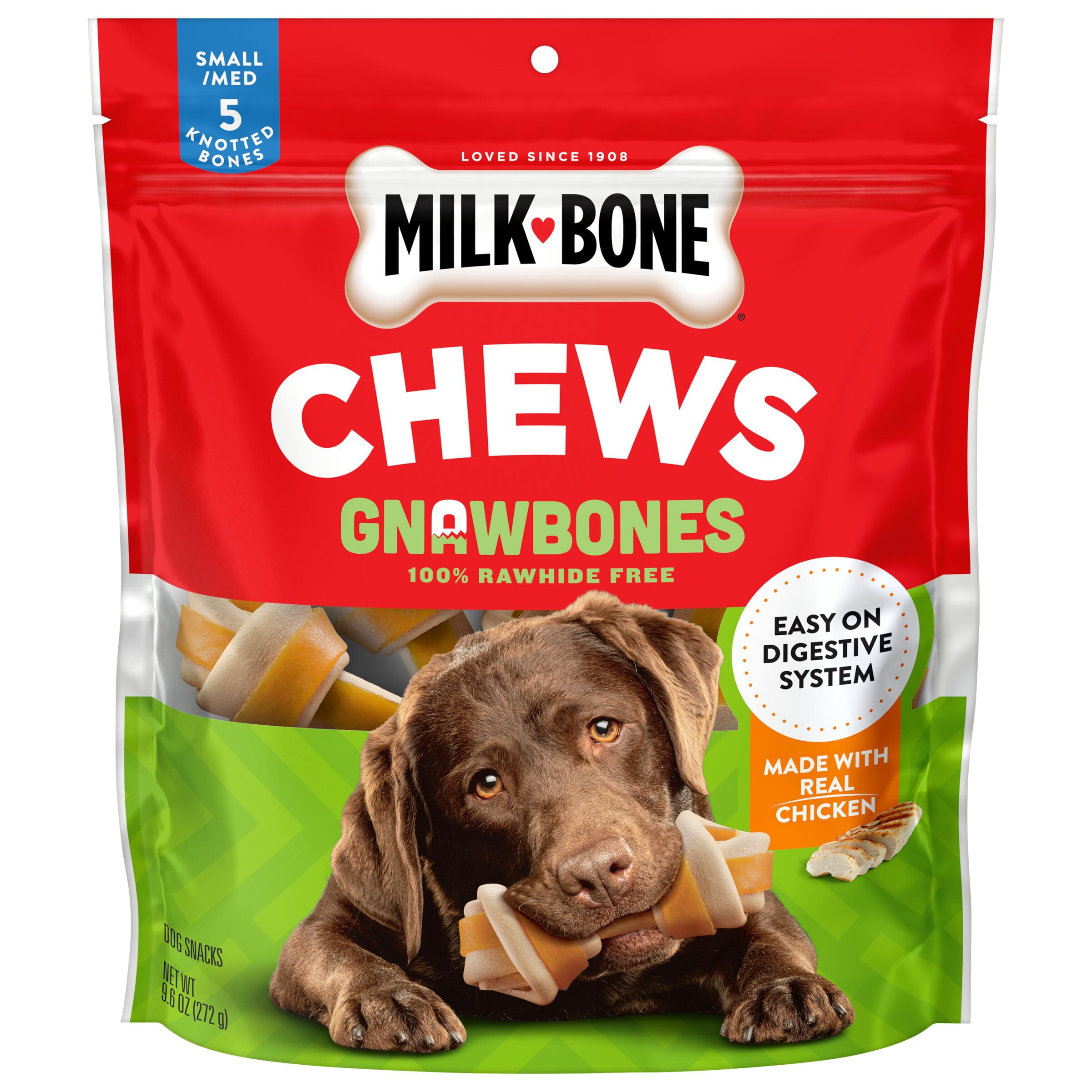 Milk-Bone GnawBones Rawhide Free Dog Chews with Real Chicken, Long-Lasting Dog Treats, Small/Medium, Bag of 5