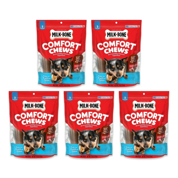 Milk-Bone Comfort Chews, Dog Chews with Unique Chewy Texture and Real Beef, 7.4 Oz. Bag of 3 Chews (Pack of 5)