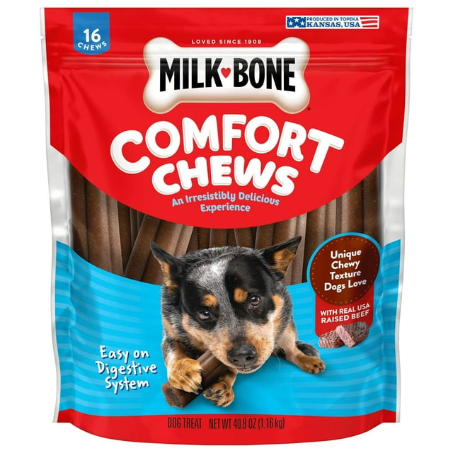 MilkBone Comfort Chews, Rawhide Free Dog Treats with Unique Chewy Texture and Real Beef, 16