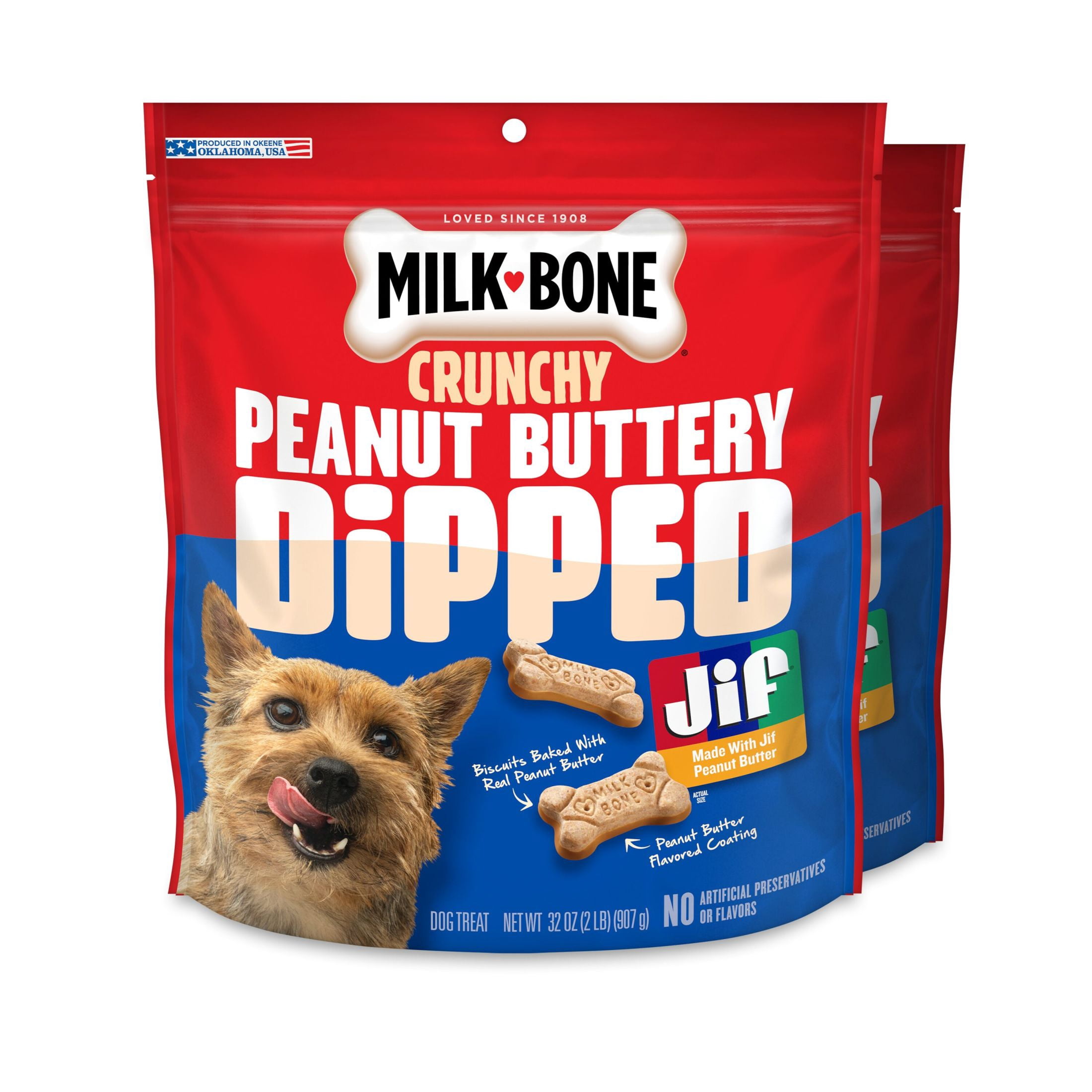 Milk Bone Peanut Buttery Dipped Dog Biscuits with Jif Peanut Butter, 32 oz Bags (Pack of 2)
