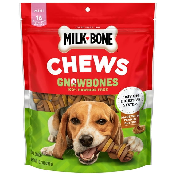 Milk Bone GnawBones Rawhide Free Dog Chews With Real Peanut Butter, Long Lasting Mini Dog Treats, Bag of 16