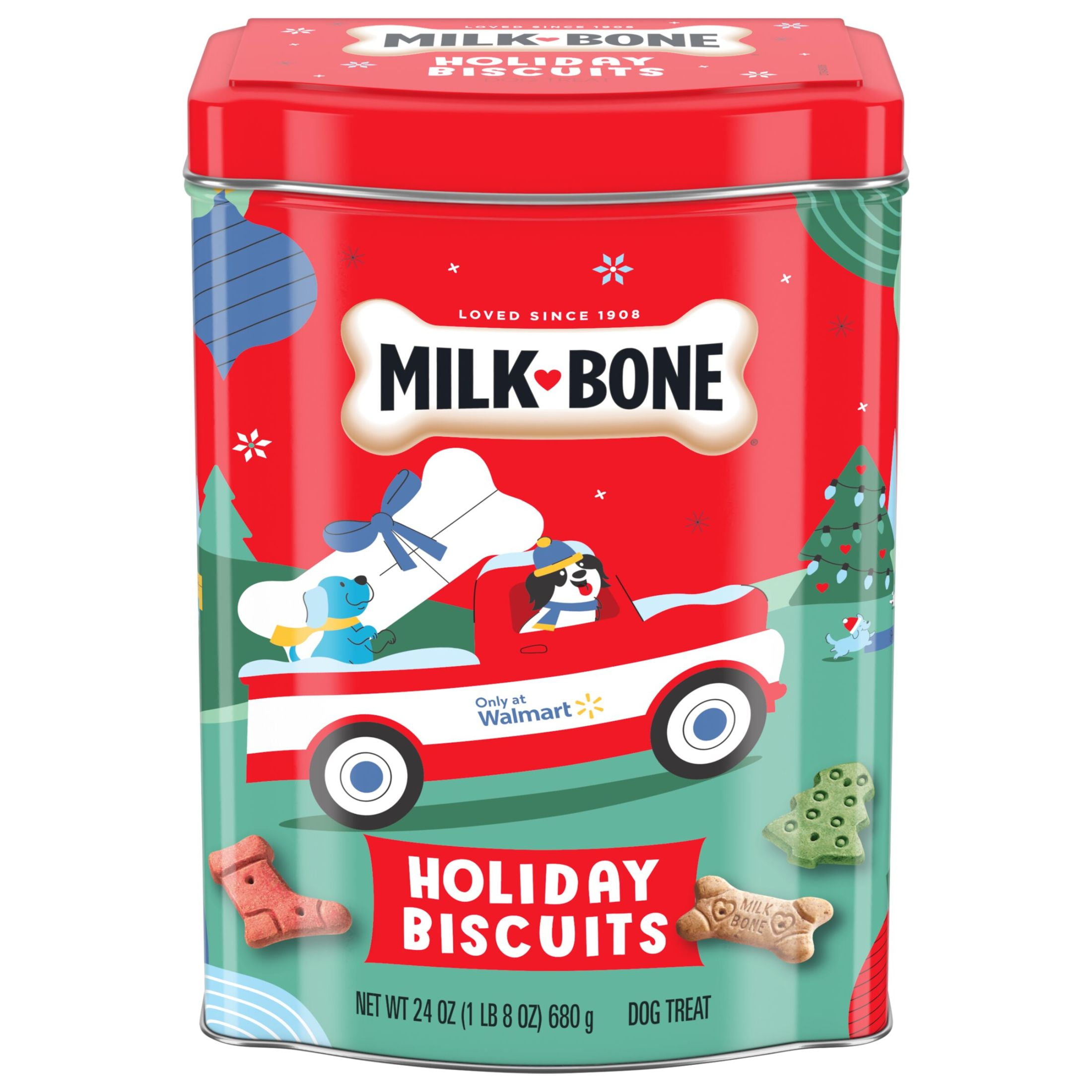 Walmart exclusive discounts  Milk-Bone Holiday Small Dog Biscuits, Christmas Tree and Stocking Shapes, 24oz Tin
