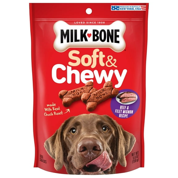 Milk Bone Soft and Chewy Dog Treats, Beef & Filet Mignon Recipe With Chuck Roast, 5.6oz Bag
