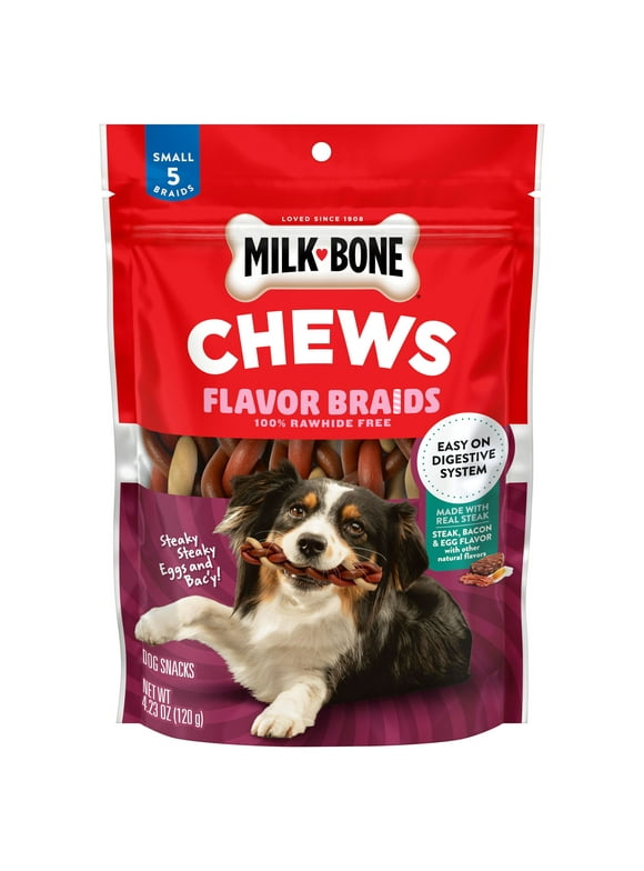 Milk-Bone Steaky Steaky Eggs & Bac′y Flavor Braids, Rawhide Free Dog Chews, Small Long-Lasting Dog Treats, Bag of 5