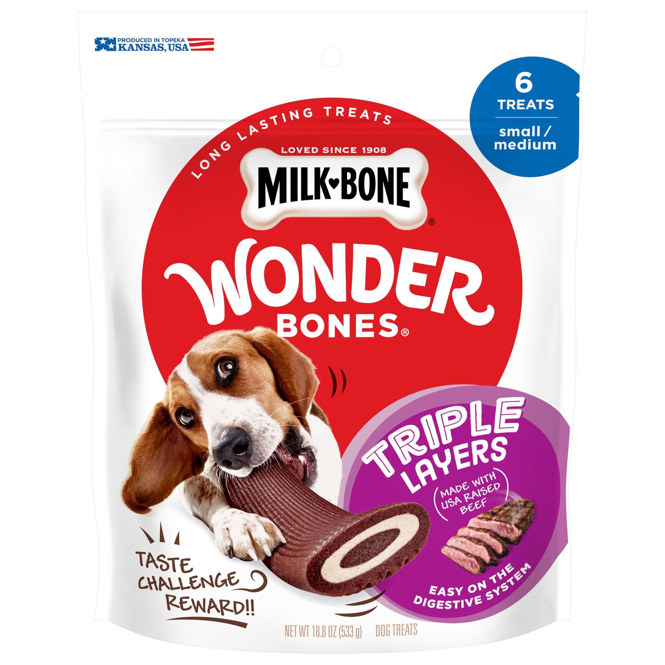 Milk Bone Wonder Bones Triple Layers Long Lasting Dog Treats Made with Real Beef, Small/Medium Size, 6 Count