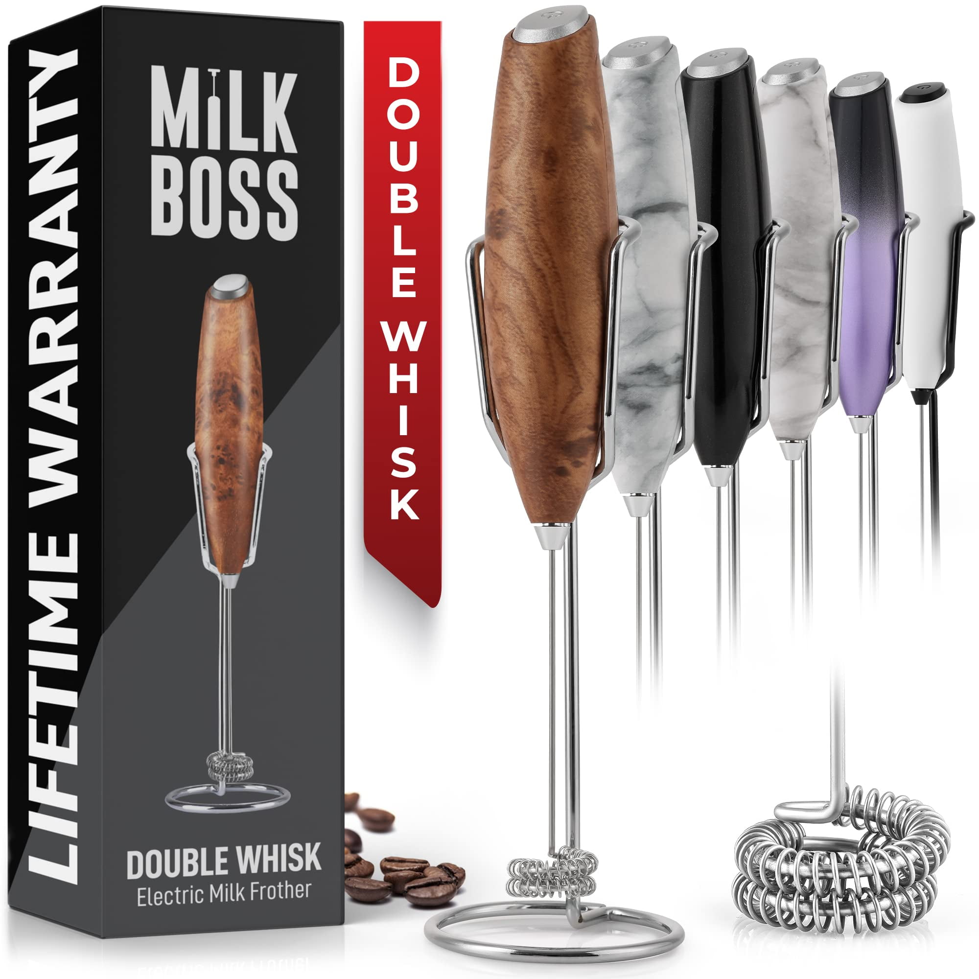 Milk Boss Double Whisk Milk Frother for Coffee With Upgraded Holster Stand
