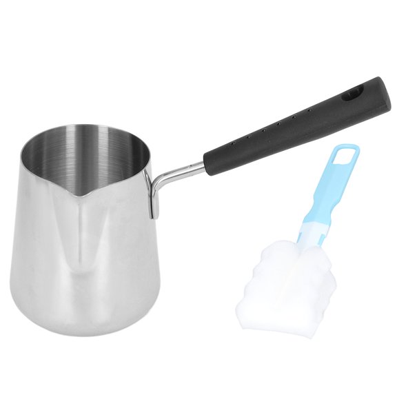 Milk Butter Warmer Pot, 350ml Stainless Steel Turkish Coffee Pot, Stovetop Chocolate Melting Pan,Coffee Maker with Heat Resistant Handle and 1pcs Brush for Maple Syrup, Sauce Heating