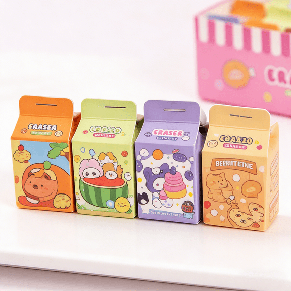 Milk Carton Eraser Blind Box, Includes 4 Pcs Random Kawaii Milk Box Erasers – Cute Collectible Stationery for School Supplies, Fun Mystery Box for Fans of Cute Stationery