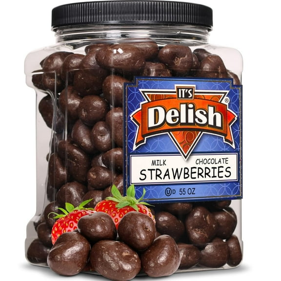 Milk Chocolate Covered Dried Strawberries by It's Delish,55 OZ Jumbo Container Gourmet Dairy Chocolate Covered Strawberry Fruit Snacks Bulk Chocolate Candy Dairy, Kosher