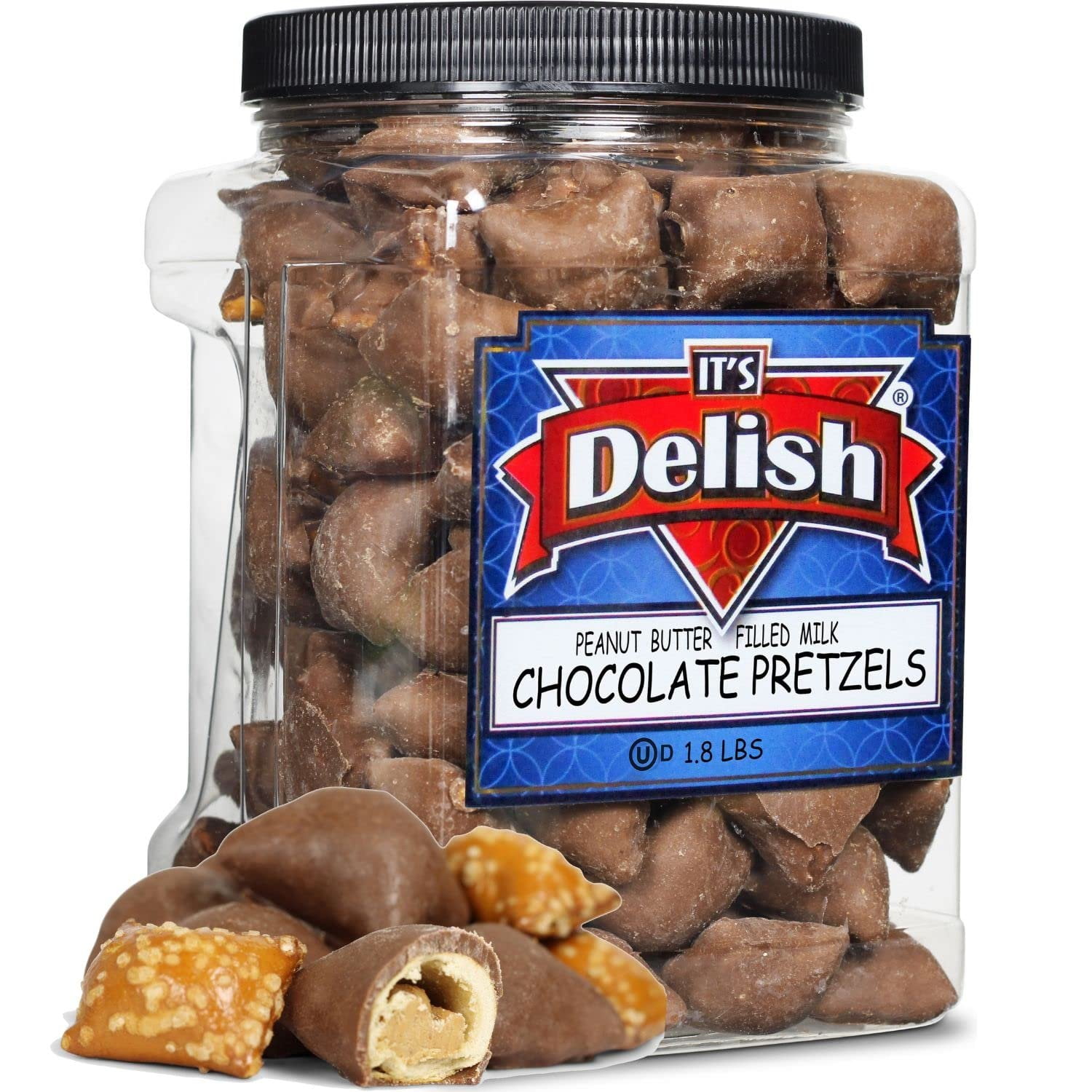 Milk Chocolate Covered Peanut Butter Pretzels by Its Delish, 1.8 LBS Jumbo Container Bulk  Gourmet Chocolate Coated Pretzel Nuggets Filled with PeanutButter Bites  Awesome Candy Snack  Kosher Dairy
