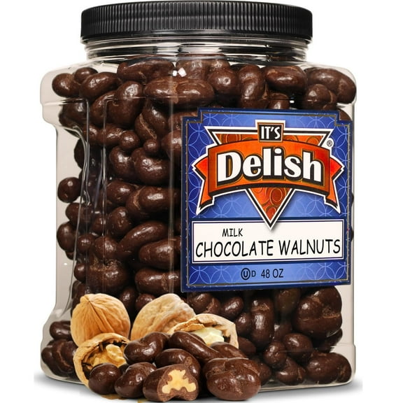 Milk Chocolate Covered Walnuts by It's Delish, 48 Oz Jumbo Container Milk Chocolate Covered Walnut Candy Nuts