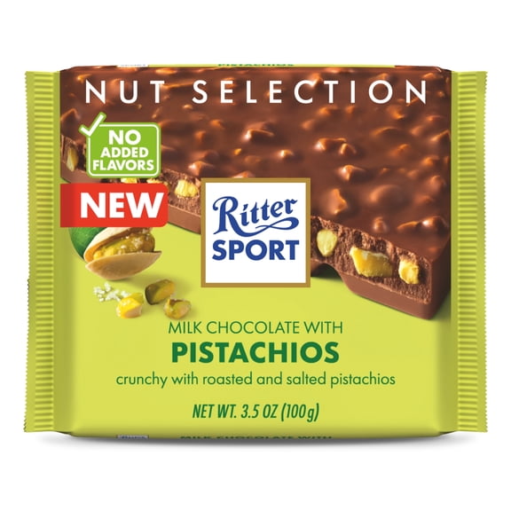 Ritter Sport Milk Chocolate Candy Bar with Crunchy Roasted and Salted Pistachios – Authentic German Chocolate, Wrapped, 3.5 oz