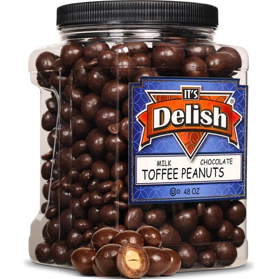 Milk Chocolate Toffee Coated Peanuts by It's Delish, 48 OZ Jumbo Container Milk Chocolate Covered Candy Nuts Bulk Peanut Chocolates Sweet & Crunchy Nut Snack Kosher Dairy